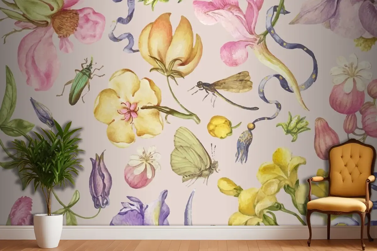 Pembe Arkaplanda Renkli Vintage Çiçek Desenli Vektör Duvar Kağıdı