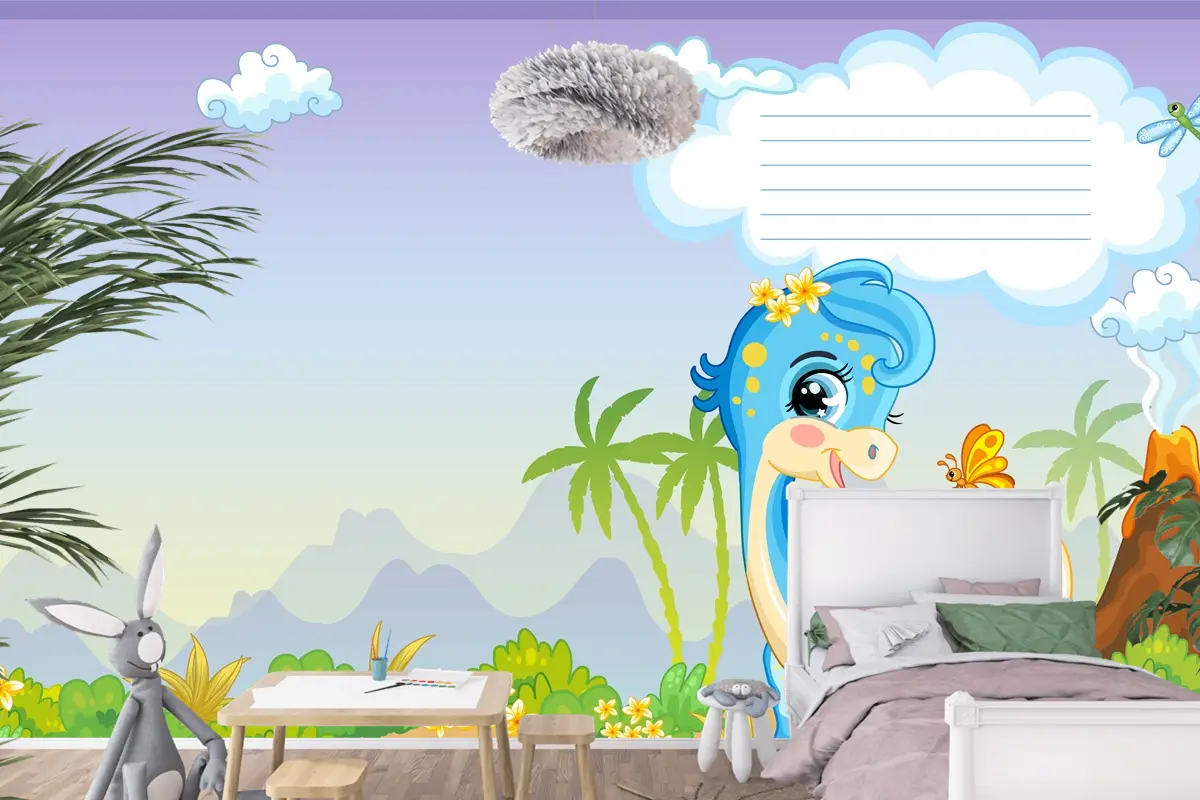 Sevimli Dinozor Mavi Diplodocus Çocuk Odası Duvar Kağıdı Ile Defter Kapağı