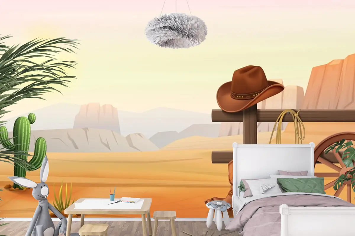 Çitin Üzerinde Kovboy Çizmeleri Ve Şapka Çocuk Odası Duvar Kağıdı