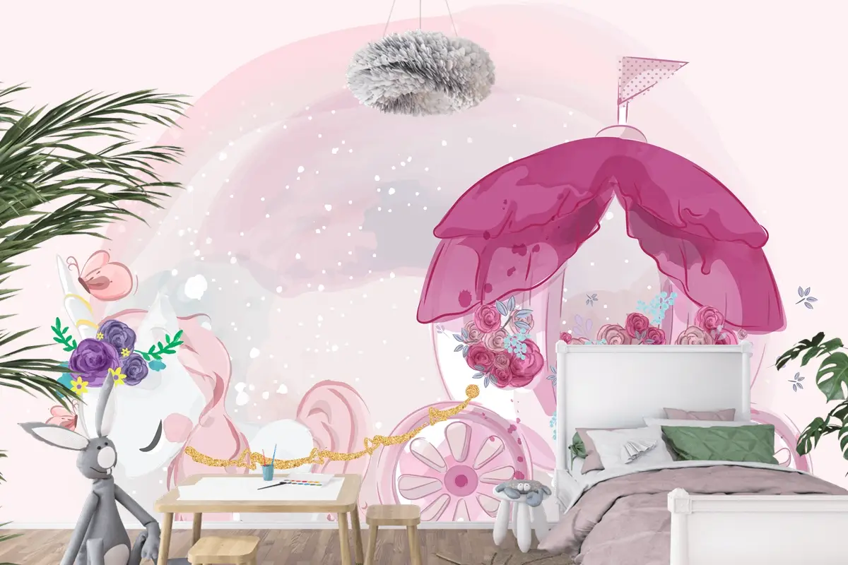 Tatlı Suluboya Tarzında Elle Çizilmiş Sevimli Bebek Tek Boynuzlu Çocuk Odası Duvar Kağıdı