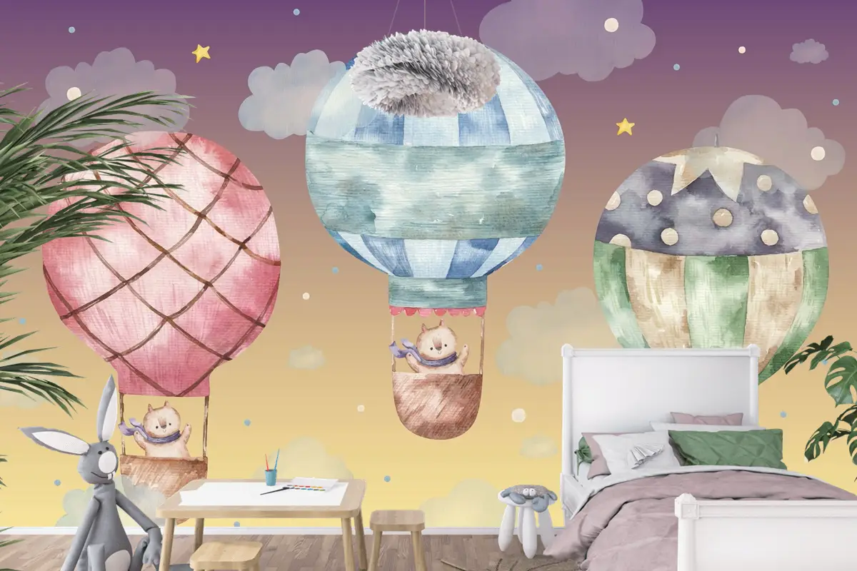 Renkli Balonların Üzerinde Uçan Sevimli Kahverengi Kedi Çocuk Odası Duvar Kağıdı