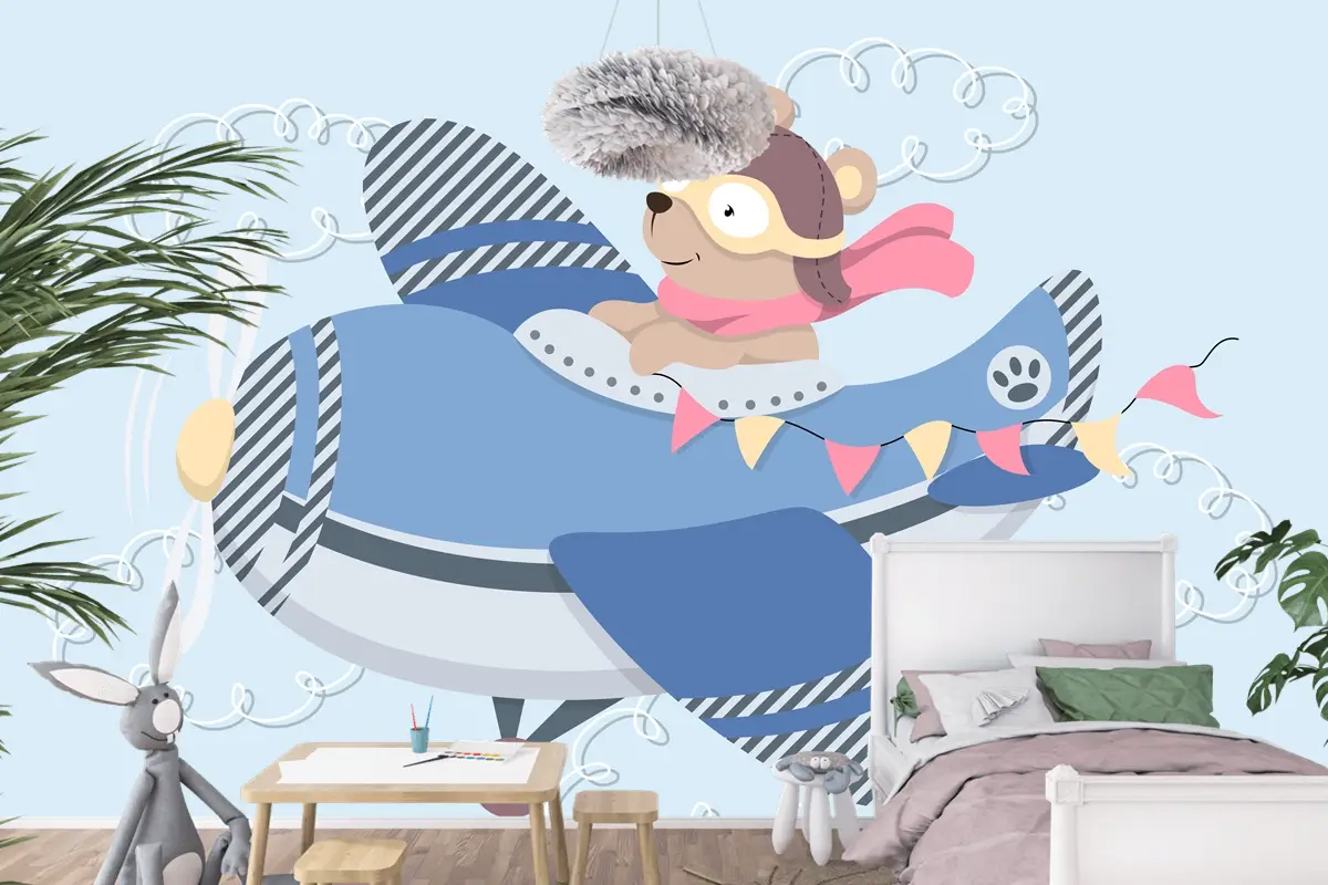 Aviator Gözlüklü Sevimli Karikatür Ayıcık Vintage Uçakta Uçan Deri Kask Ve Eşarp Çocuk Odası Duvar Kağıdı