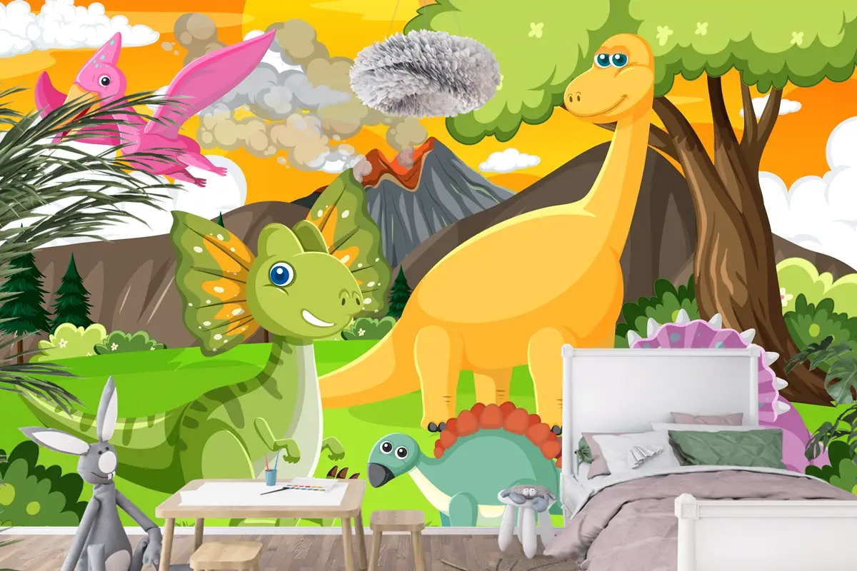 Ormandaki Sevimli Dinozor Grubu Çocuk Odası Duvar Kağıdı