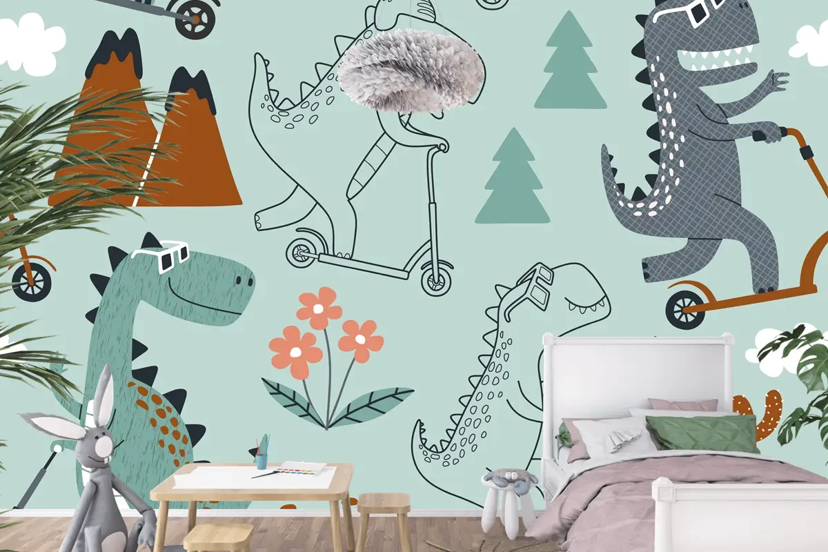 Sevimli Dinozor Scootera Biniyor Çocuk Odası Duvar Kağıdı