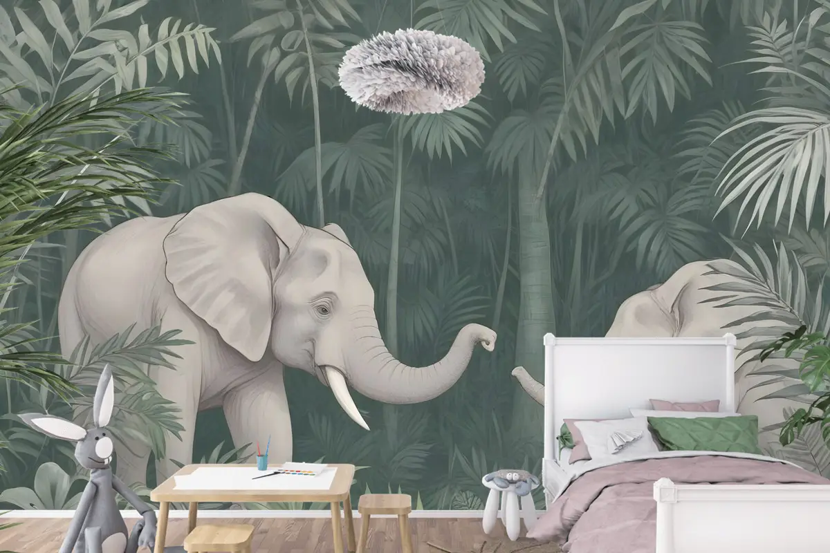 Tropikal Ormandaki Sevimli Filler Çocuk Odası Duvar Kağıdı