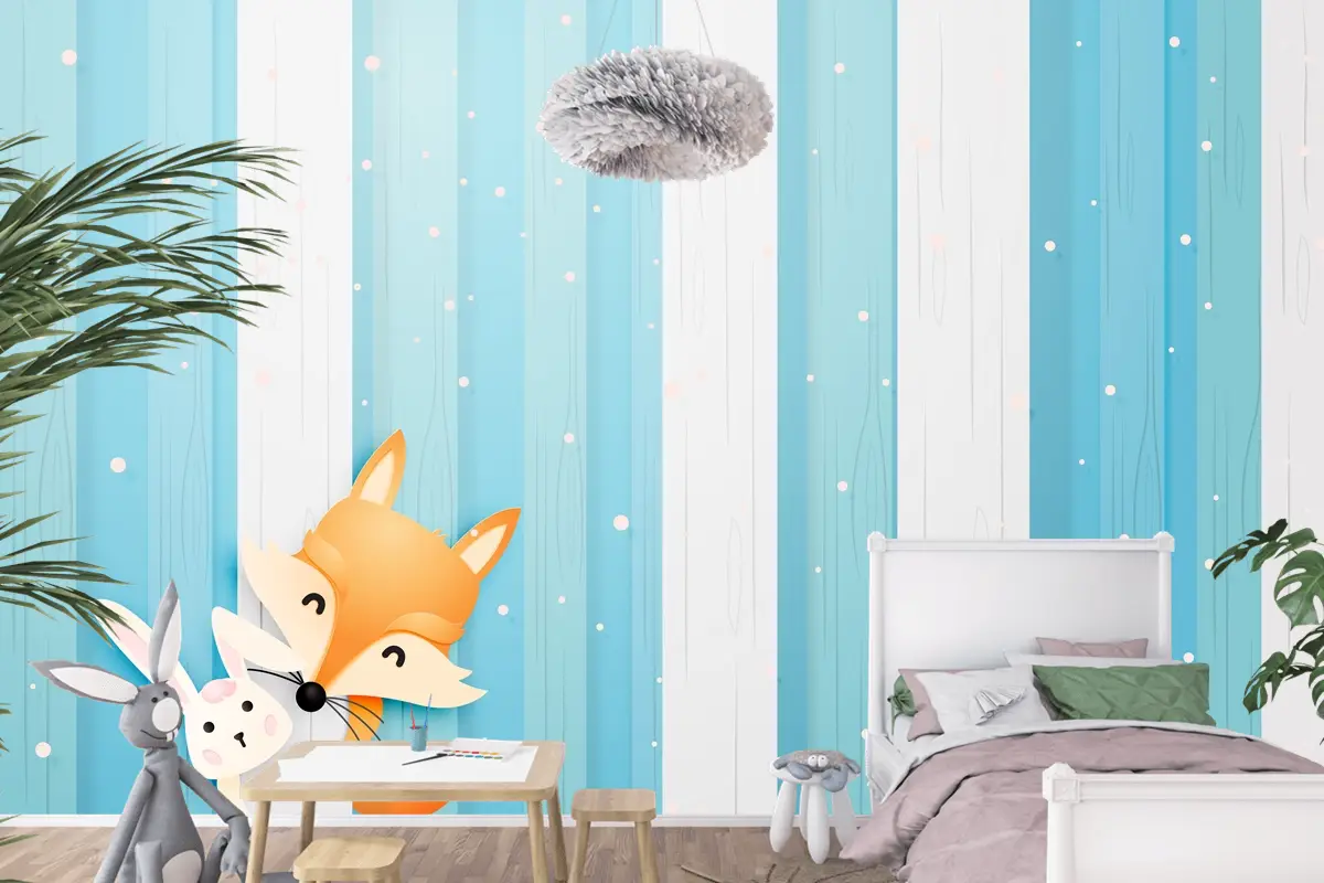Kağıt Sanat Tarzı Pastel Düzeni Çocuk Odası Duvar Kağıdı Ile Ahşapta Sevimli Tilki Ve Tavşan