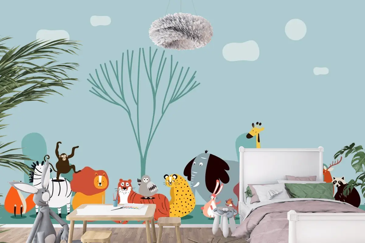 Vahşi Hayvanların Sevimli Grubu Çocuk Odası Duvar Kağıdı