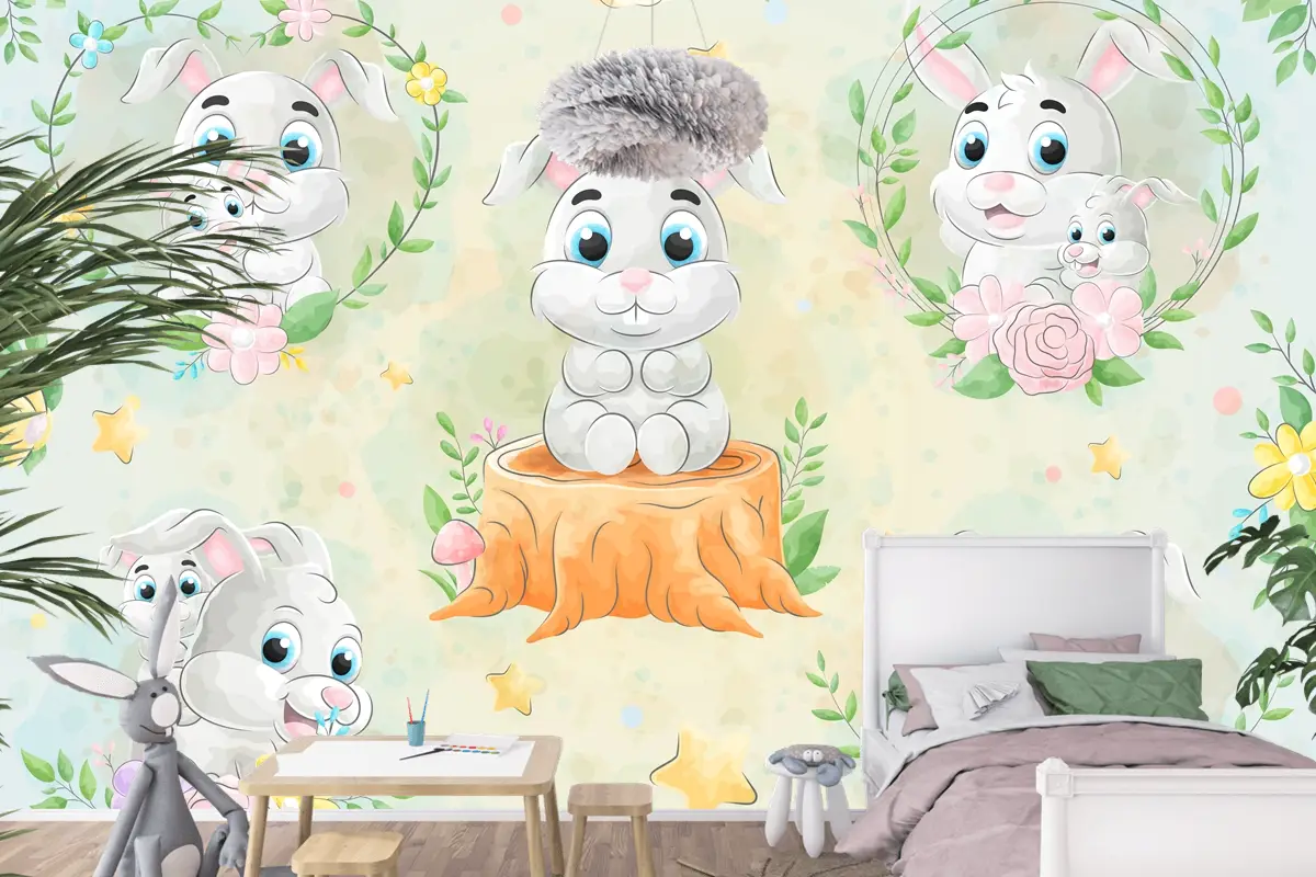 Suluboya Çocuk Odası Duvar Kağıdı  Ile Sevimli Küçük Tavşan