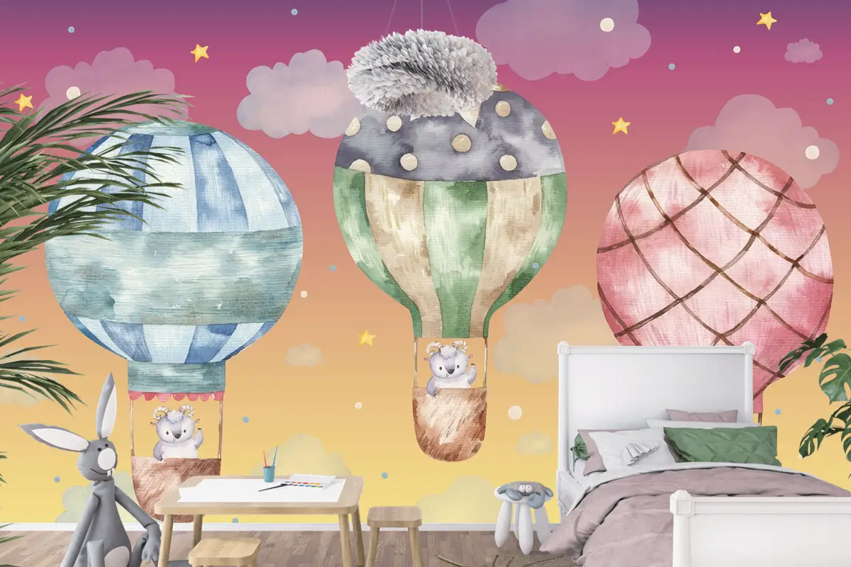 Renkli Balonlar Üzerinde Uçan Sevimli Koç Çocuk Odası Duvar Kağıdı