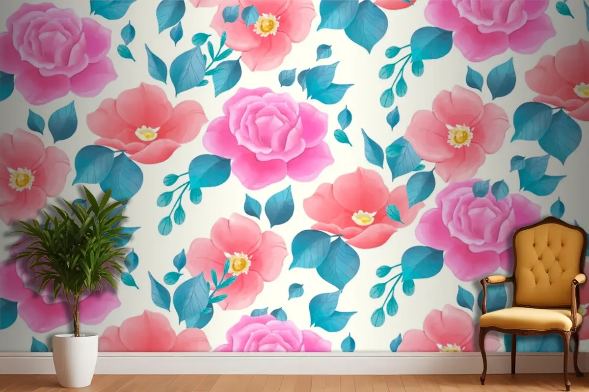 Gül Çiçekleri Ile Sevimli Suluboya Çiçek Desenli Duvar Kağıdı