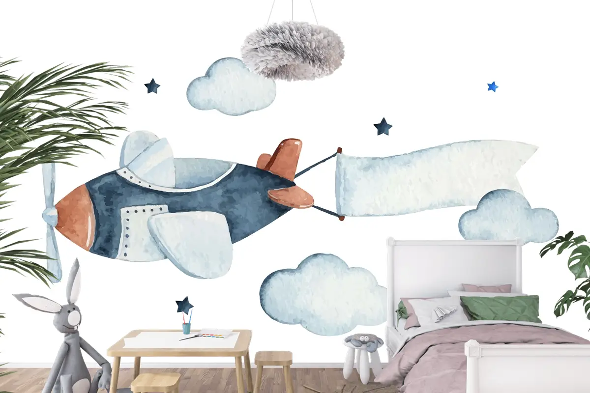 Hava Uçağı Bulutları Ve Yıldızlarla Sevimli Suluboya Gökyüzü Sahnesi Çocuk Odası Duvar Kağıdı