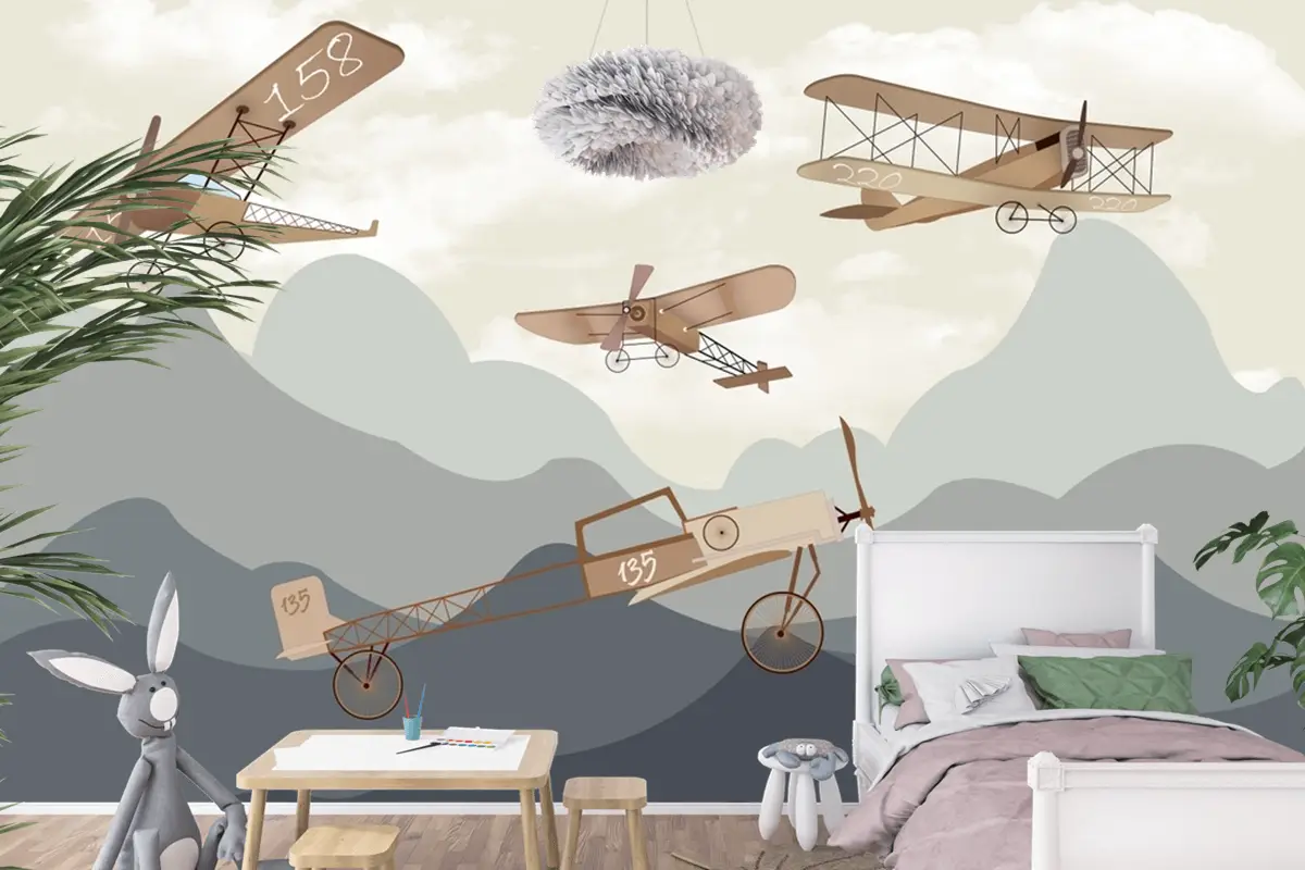 Dağlar Uçaklar Manzara Çocuk Odası Duvar Kağıdı