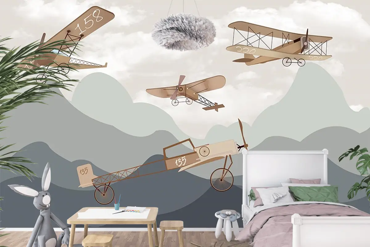 Dağlar Ve Kanatlı Uçaklar Çocuk Odası Duvar Kağıdı