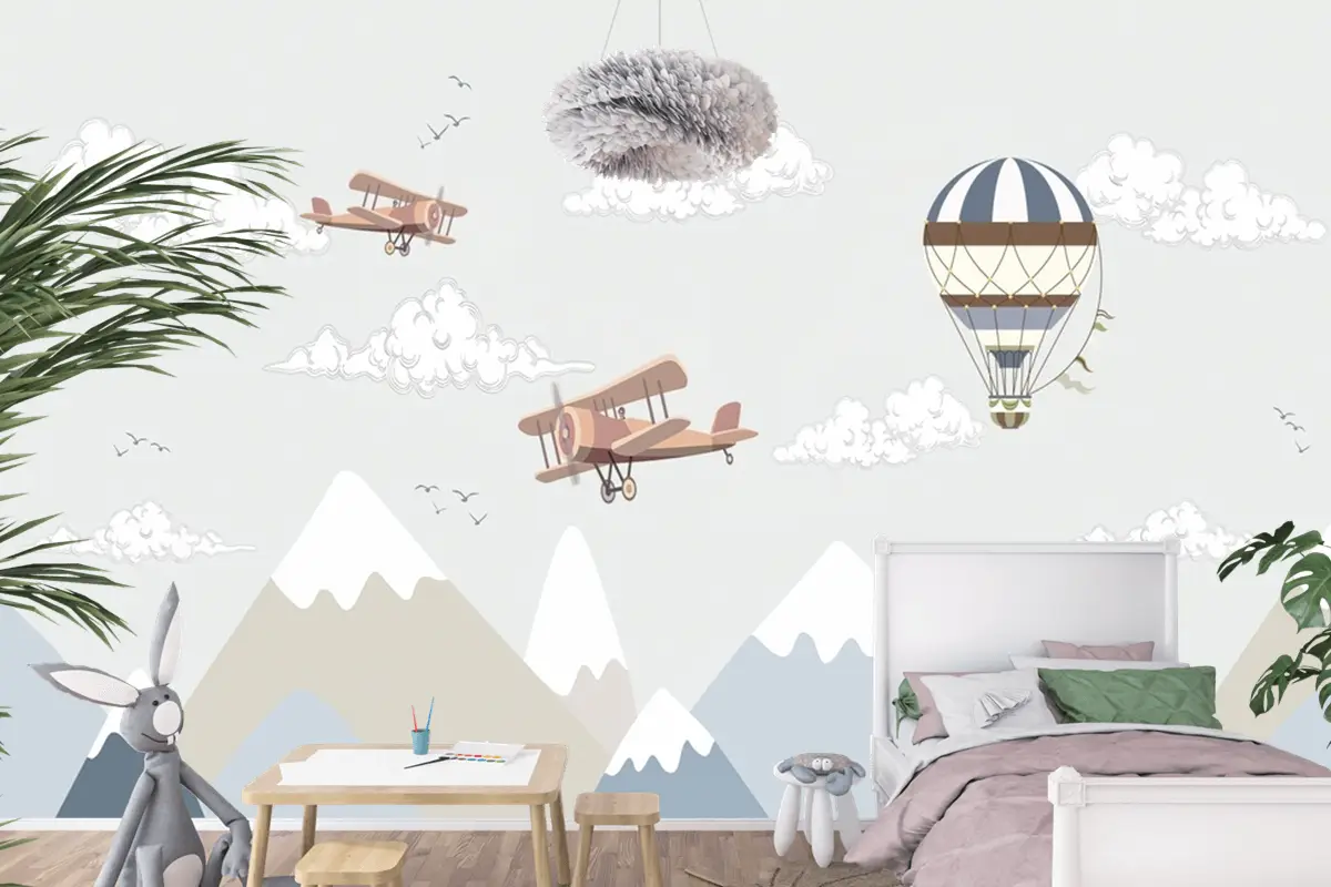 Dağlar Ve Sıcak Hava Balonları Çocuk Bebek Odası Duvar Kağıdı