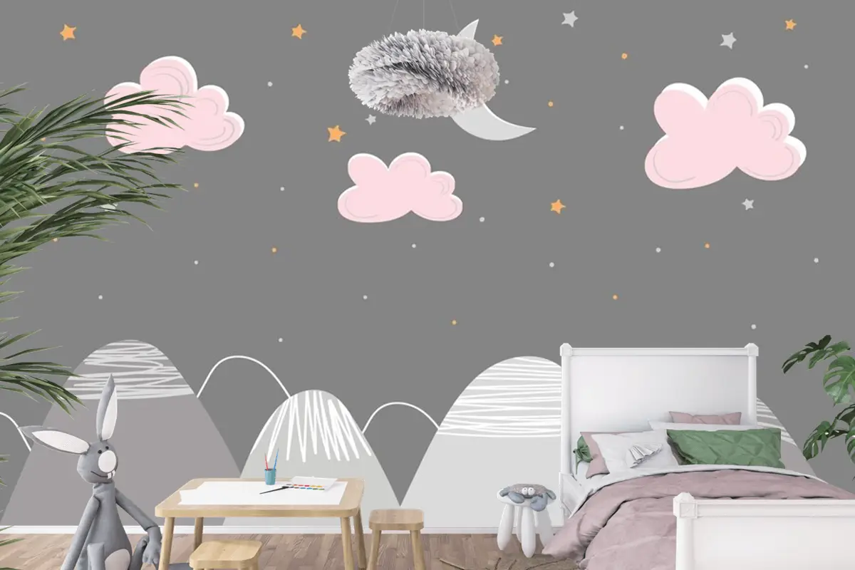 Dağ Manzarası Bulutlar Ve Uyuyan Ay Çocuk Odası Duvar Kağıdı  Ile İskandinav Tarzında Dekor