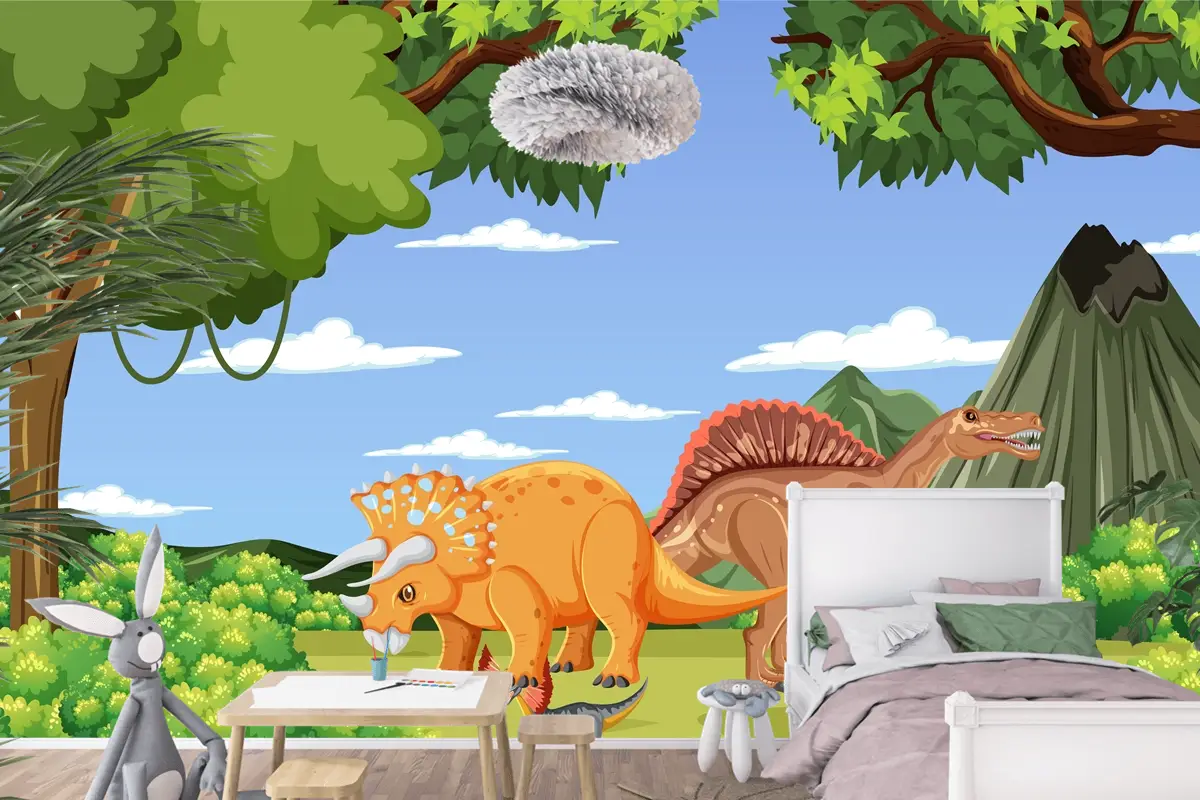 Tarih Öncesi Orman Sahnesinde Dinozor Çocuk Odası Duvar Kağıdı 