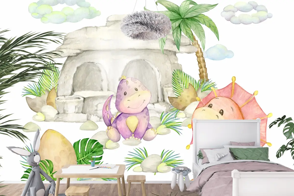Dinozorlar Bir Taş Ev Bir Palmiye Ağacı Çocuk Odası Duvar Kağıdı