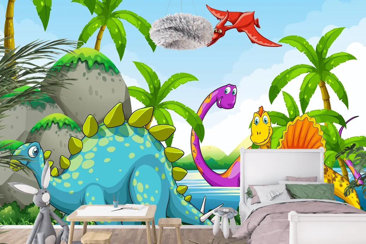 Ormanda Yaşayan Dinozorlar Çocuk Odası Duvar Kağıdı 