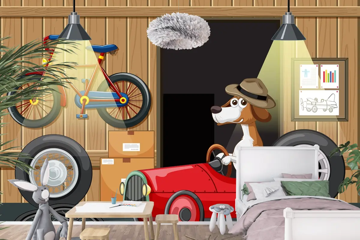 Garajda Arabayı Süren Köpek Çocuk Odası Duvar Kağıdı