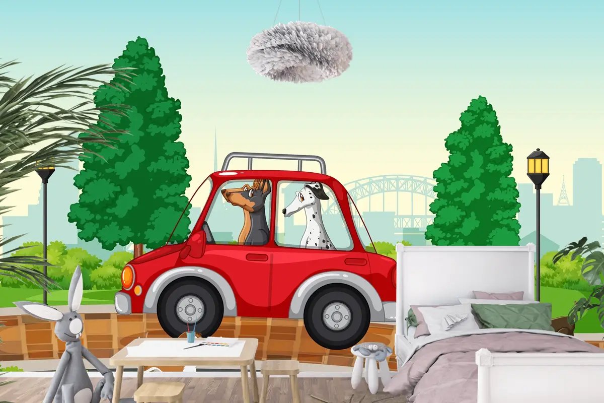 Parkta Araba Süren Ve Koşan Köpekler Çocuk Odası Duvar Kağıdı