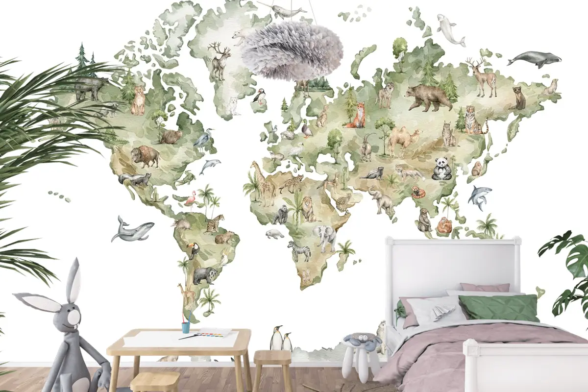 Dünya Haritası ve Dünya Hayvanları Temalı Çocuk Odası Duvar Kağıdı