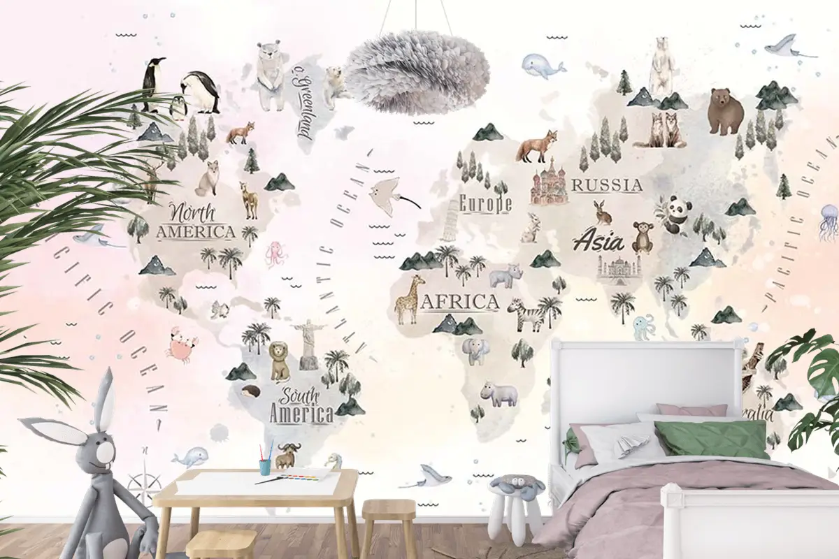 Dünya Üzerinde Sevimli Hayvanlar Çocuk Odası Duvar Kağıdı