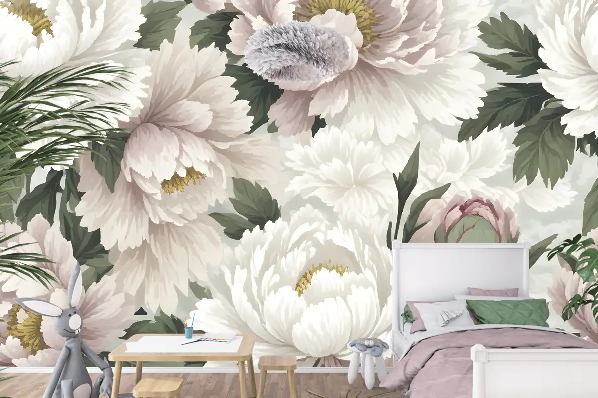 Hollandalı Pembe Şakayık Çiçek Çocuk Odası Duvar Kağıdı