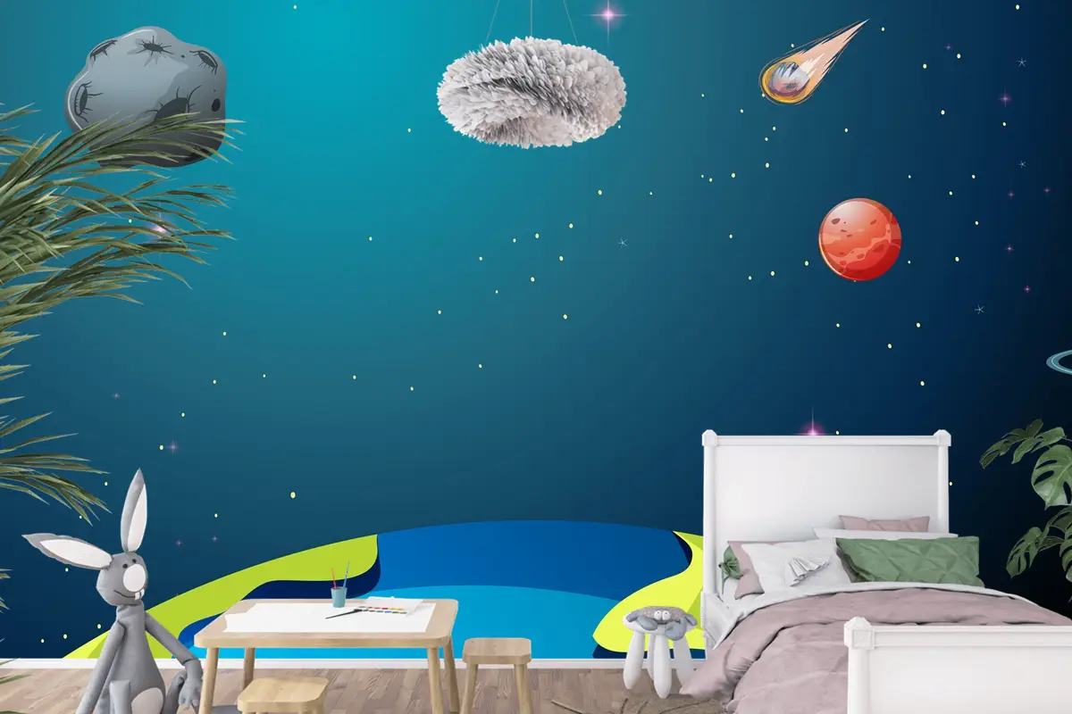 Dünya Ve Gezegenler Sahneleri Çocuk Odası Duvar Kağıdı