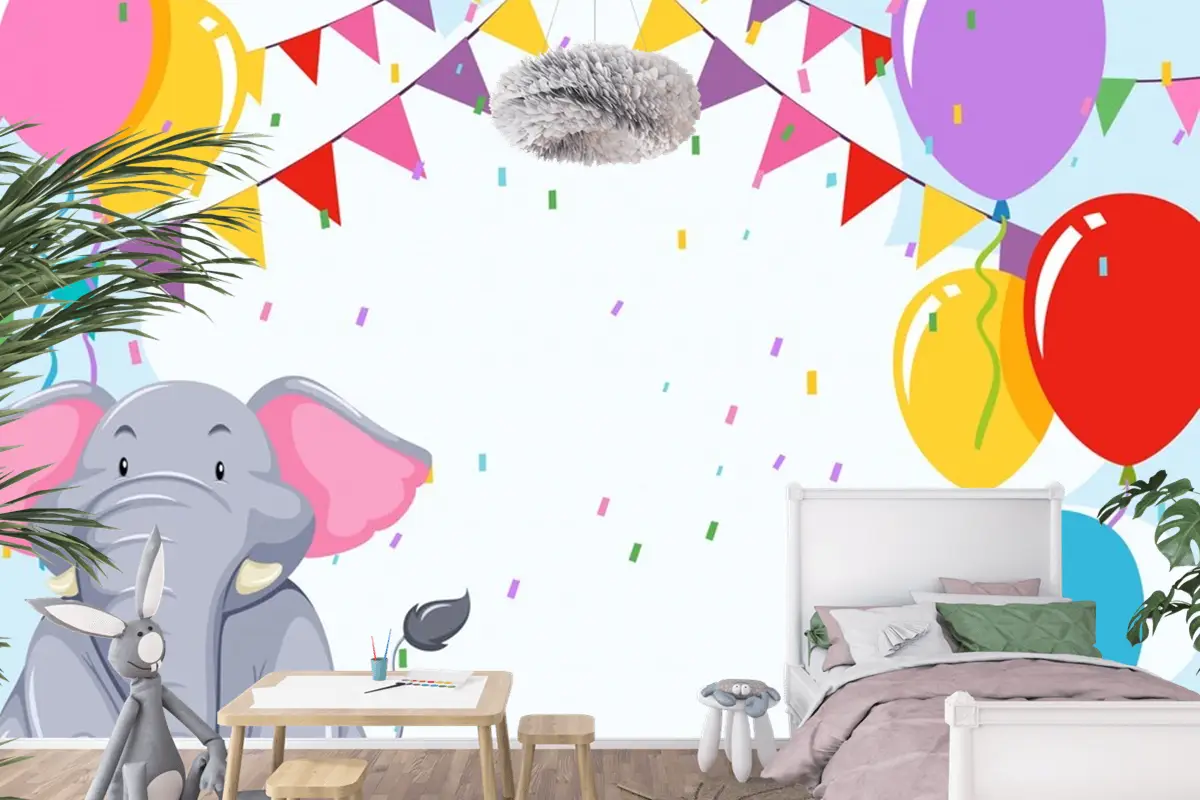 Doğum Günü Şablonunda Fil Çocuk Odası Duvar Kağıdı 