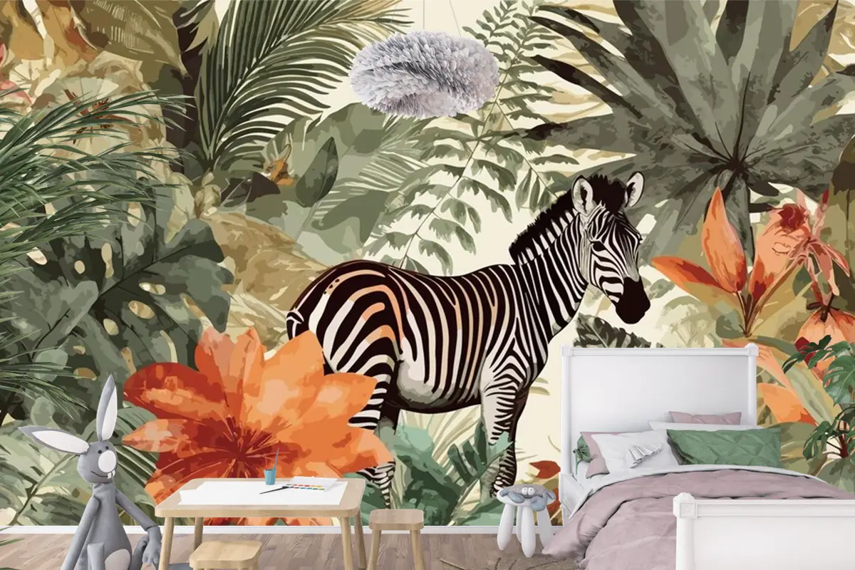 Egzotik Zebra Masalları Sanatsal Vintage Orman Kolaj Desen Sorunsuz Çocuk Odası Duvar Kağıdı