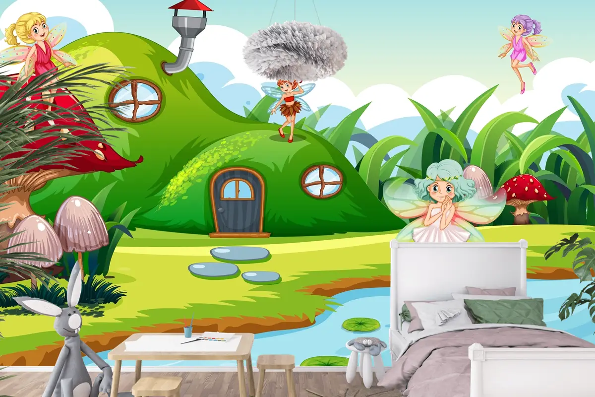 Yeşil Sahnede Fantezi Periler Çocuk Odası Duvar Kağıdı