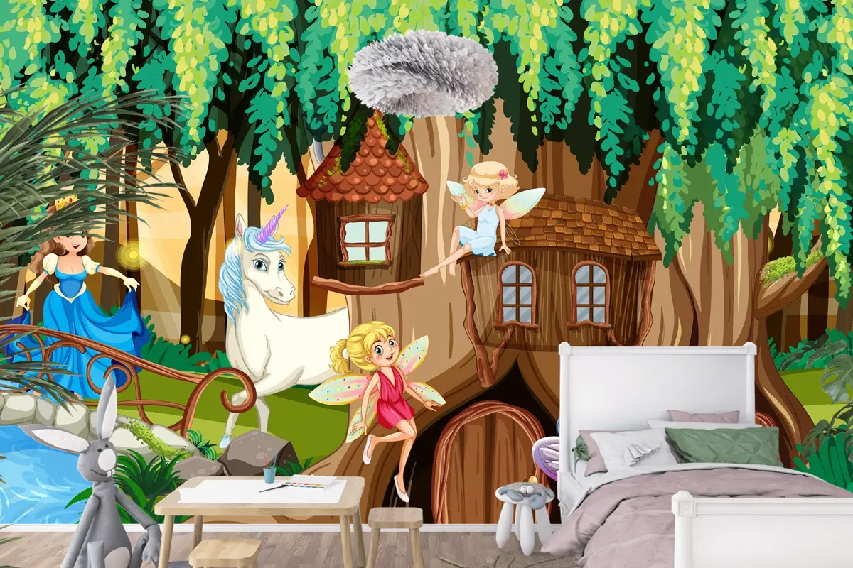 Periler Ve Tek Boynuzlu Fantezi Orman Çocuk Odası Duvar Kağıdı