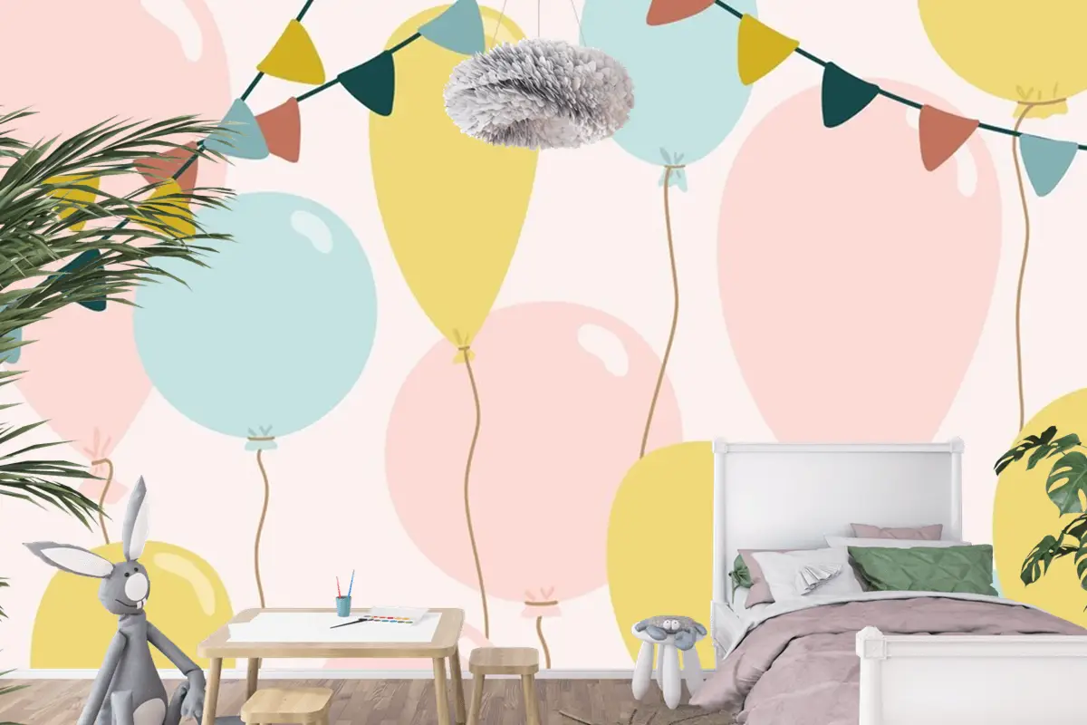 Mavi Pembe Ve Sarı Balonlu Şenlikli Arka Plan Çocuk Odası Duvar Kağıdı