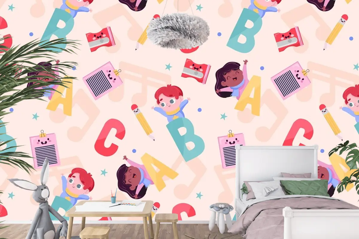 Düz Okula Dönüş Desen Tasarımı Çocuk Odası Duvar Kağıdı