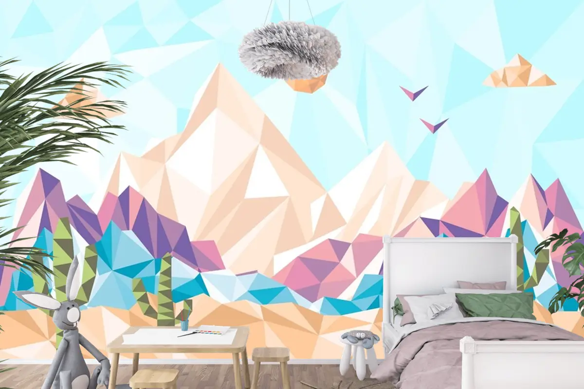 Düz Tasarım Düşük Poli Manzara Çocuk Odası Duvar Kağıdı 