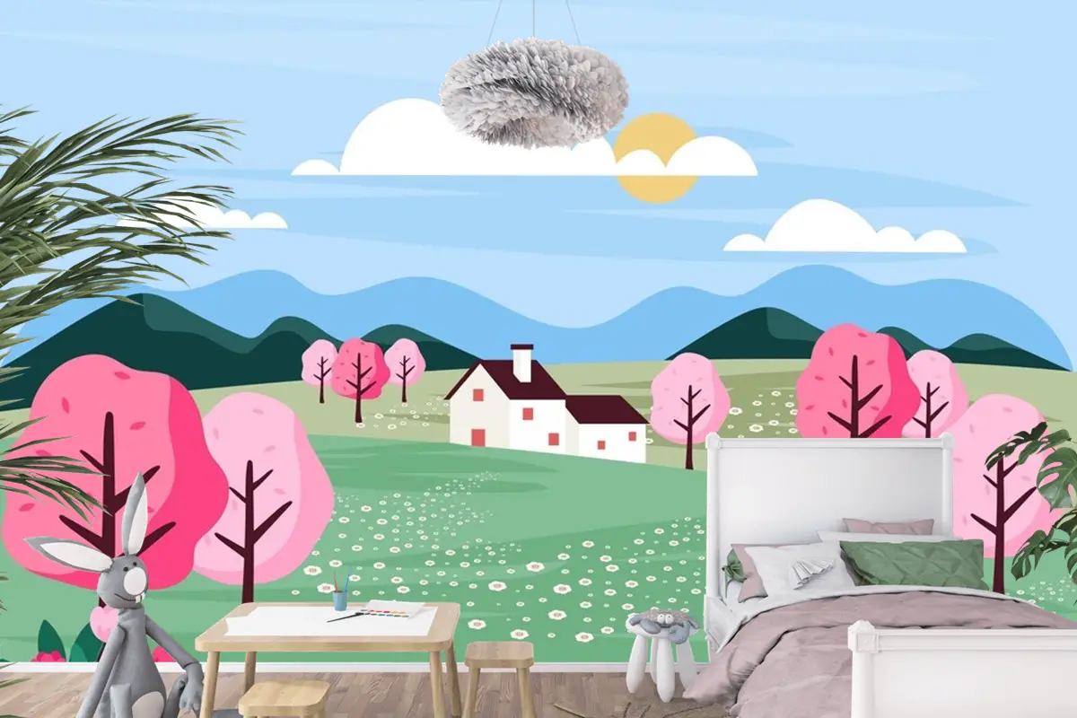 Düz Tasarım Bahar Manzara Çocuk Odası Duvar Kağıdı 