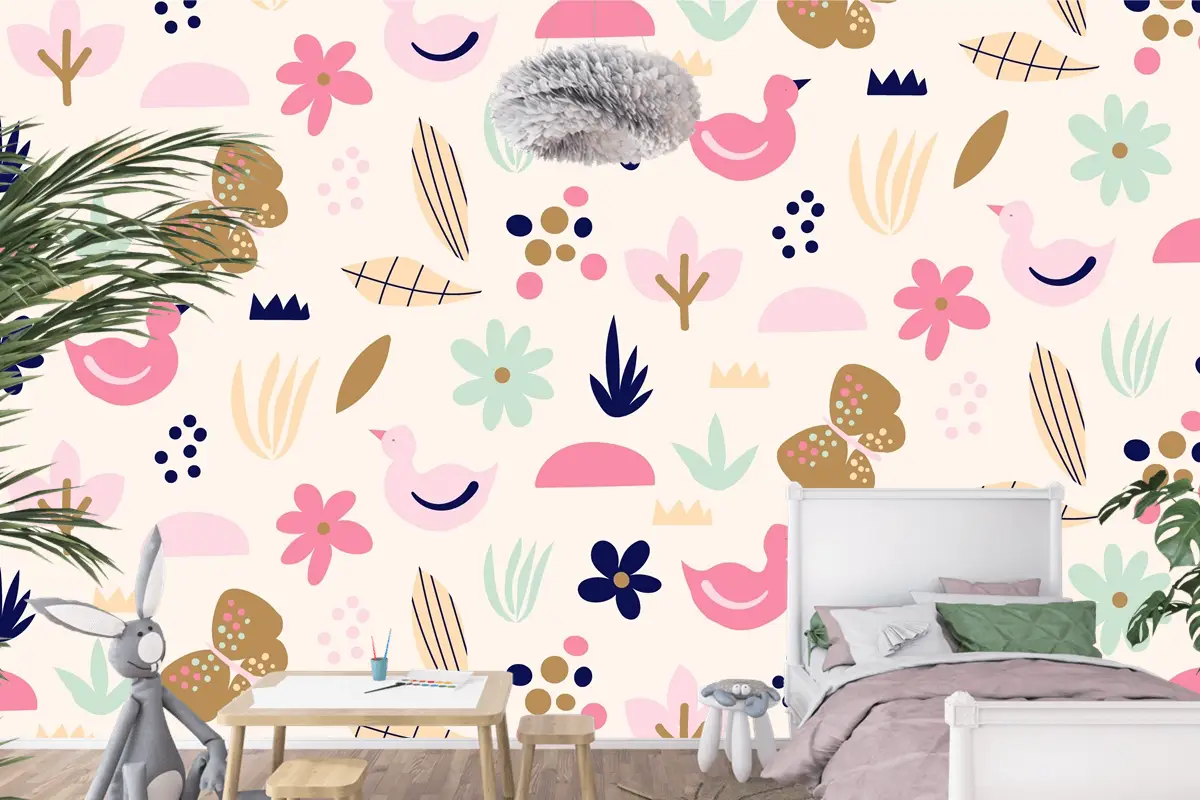 Düz İskandinav Tasarım Desenli Çocuk Odası Duvar Kağıdı 