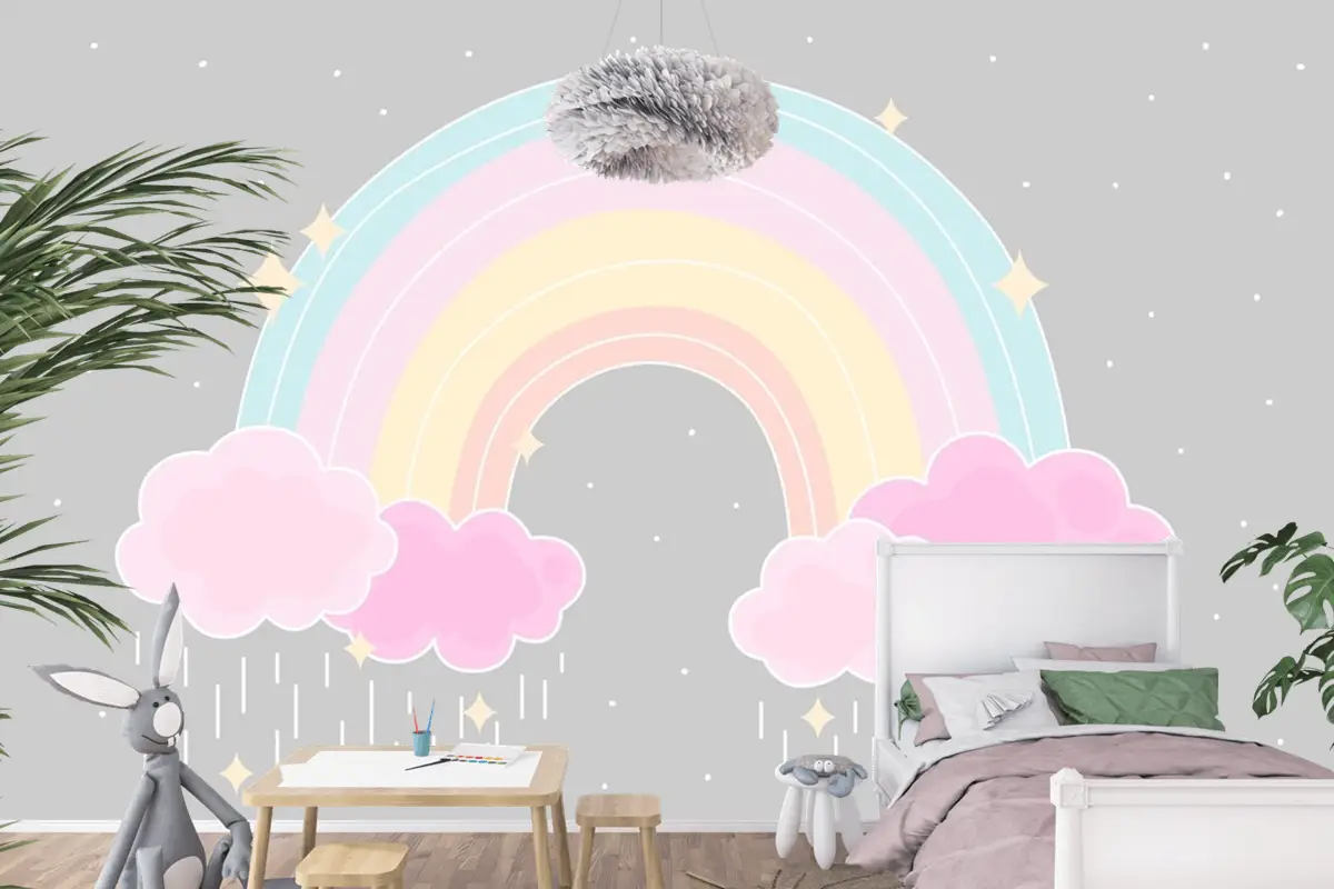 Düz Stil Renkli Gökkuşağı Çocuk Odası Duvar Kağıdı 