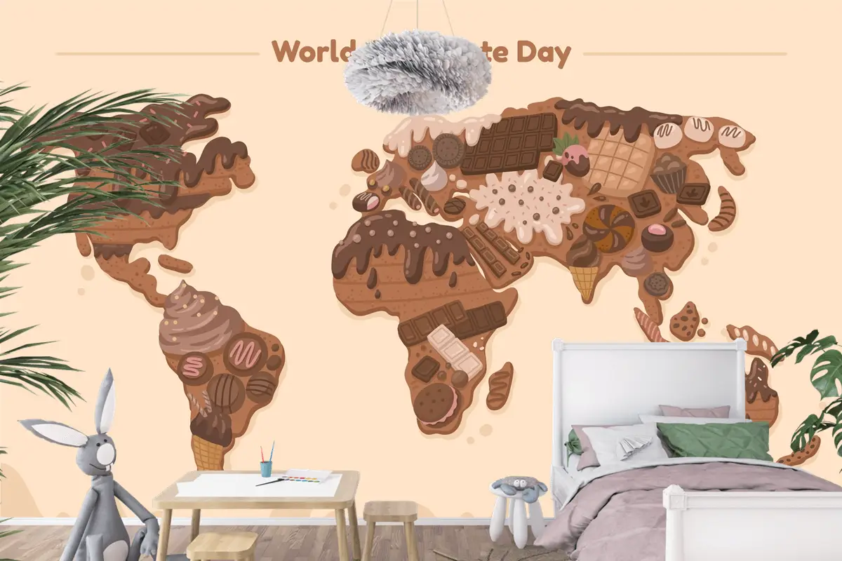 Düz Dünya Haritası Çikolata Günü Çocuk Odası Duvar Kağıdı