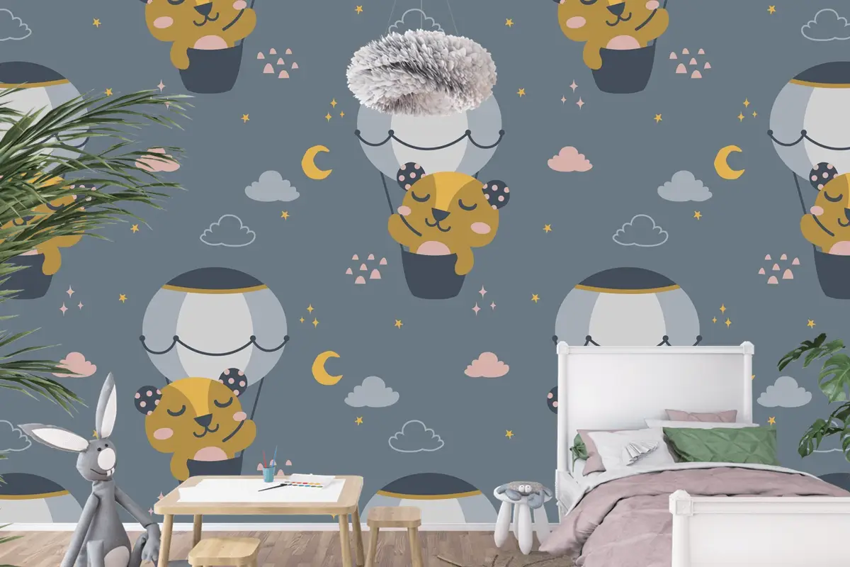 Uçan Sevimli Ayı İskandinav Desen Çocuk Odası Duvar Kağıdı
