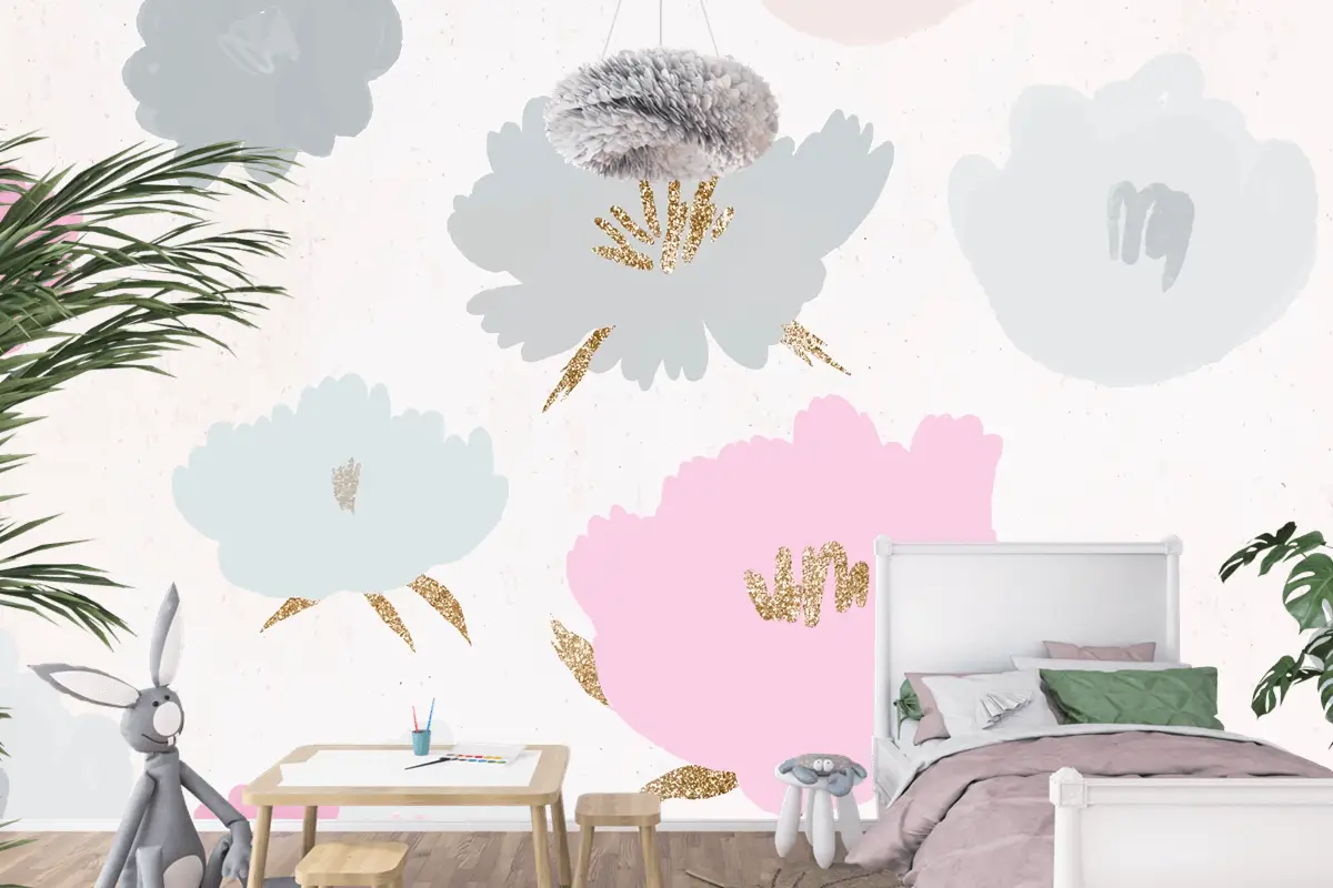 Çiçek Desenli Arka Plan Elle Çizilmiş Çocuk Odası Duvar Kağıdı 