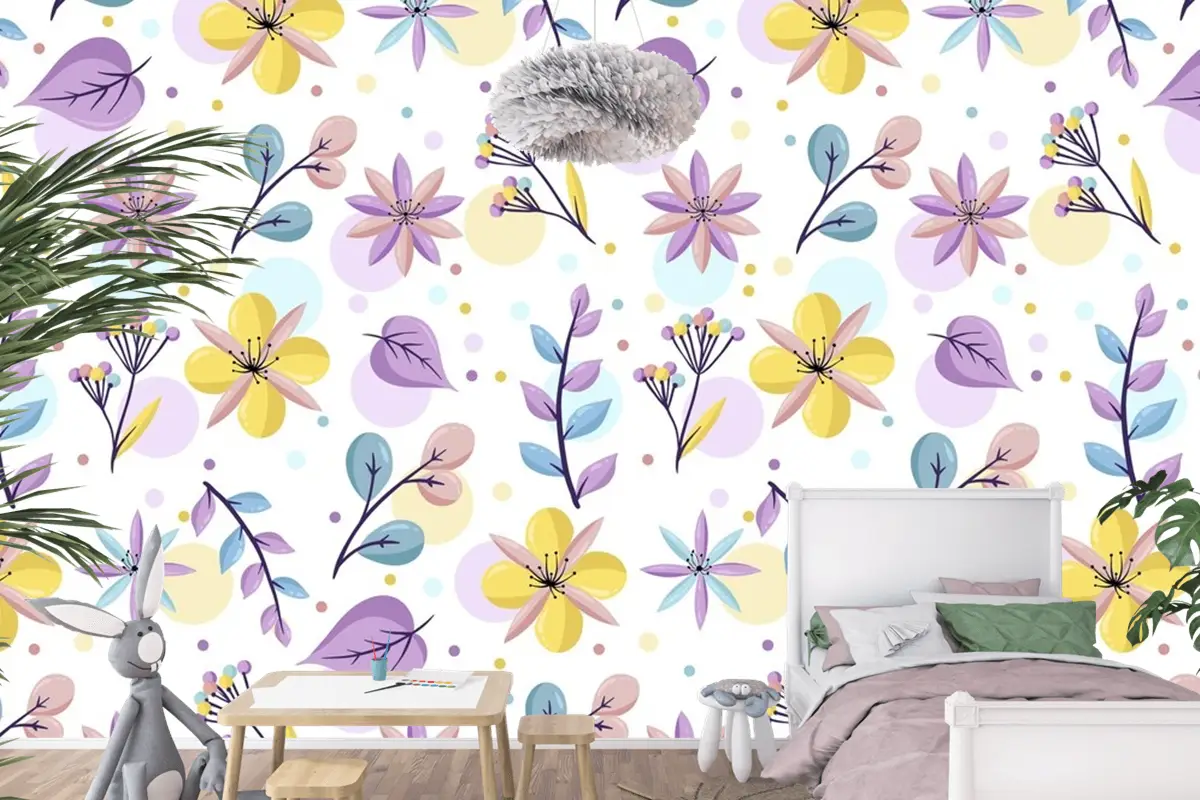 Pastel Renklerde Çiçek Desenli Çocuk Odası Duvar Kağıdı