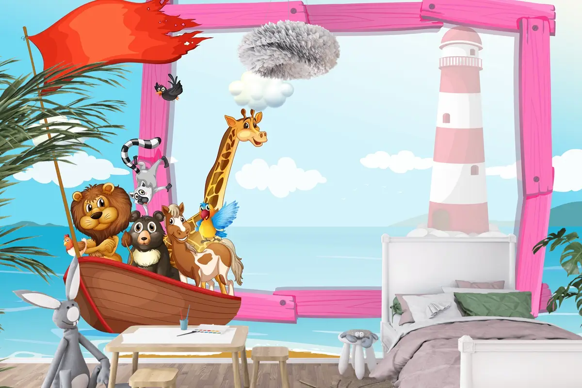 Teknede Vahşi Hayvanların Bulunduğu Çerçeve Çocuk Odası Duvar Kağıdı