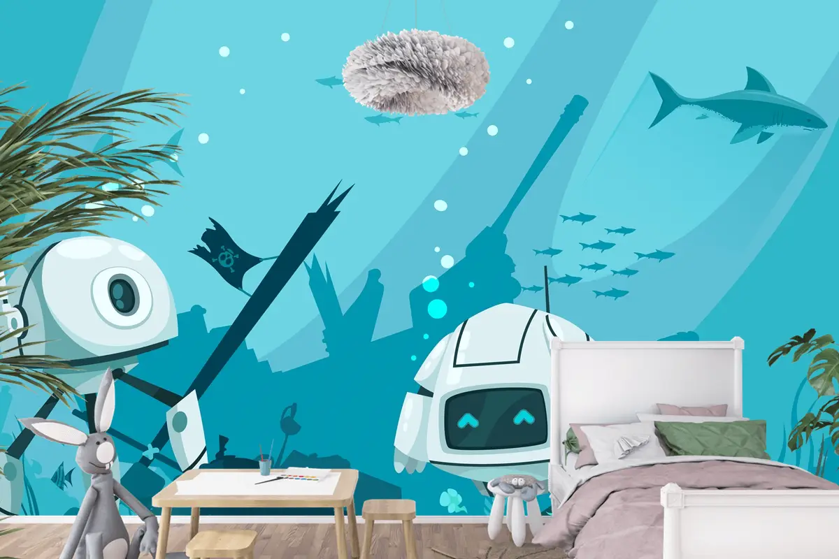 Fütüristik Robotlar Deniz Kompozisyonu Çocuk Odası Duvar Kağıdı