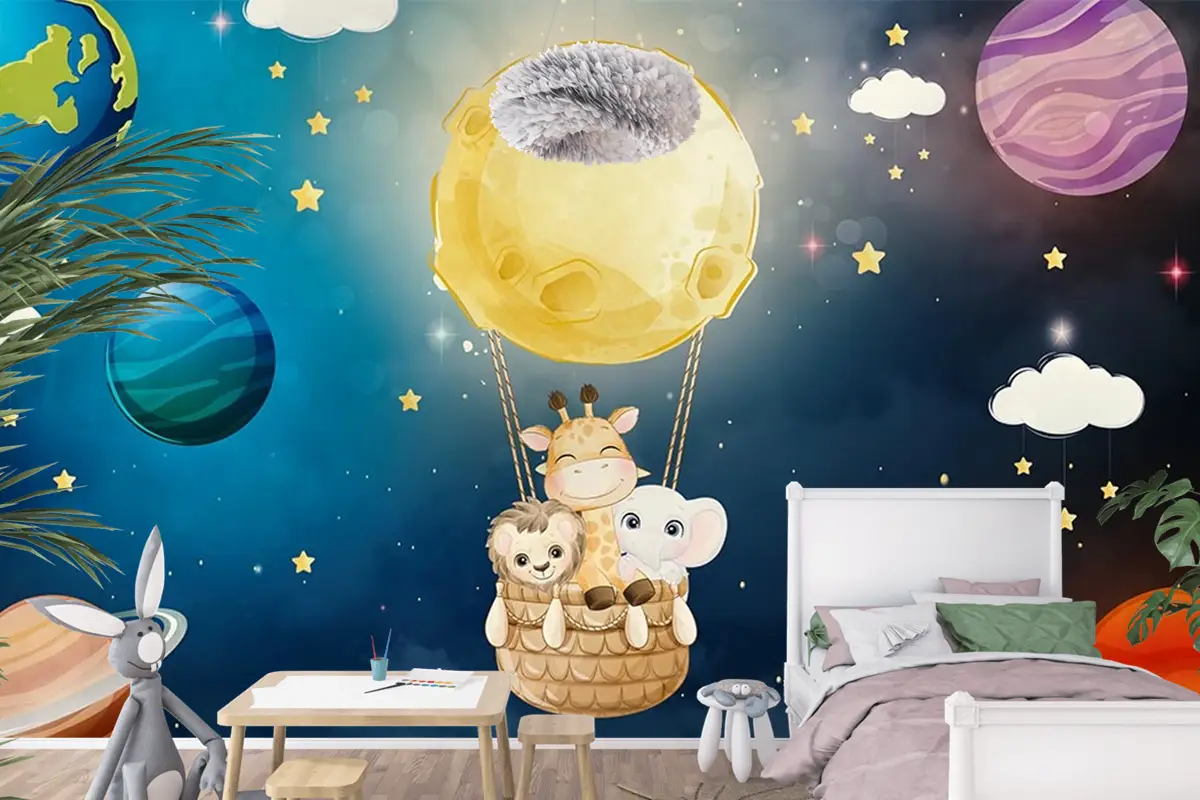 Galaksi Gezegenler Ve Sevimli Hayvanlar Çocuk Odası Duvar Kağıdı