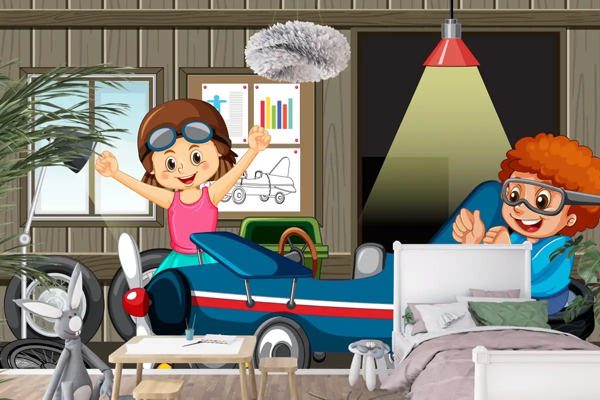 Çocukların Birlikte Araba Tamir Ettiği Garaj Sahnesi Çocuk Odası Duvar Kağıdı