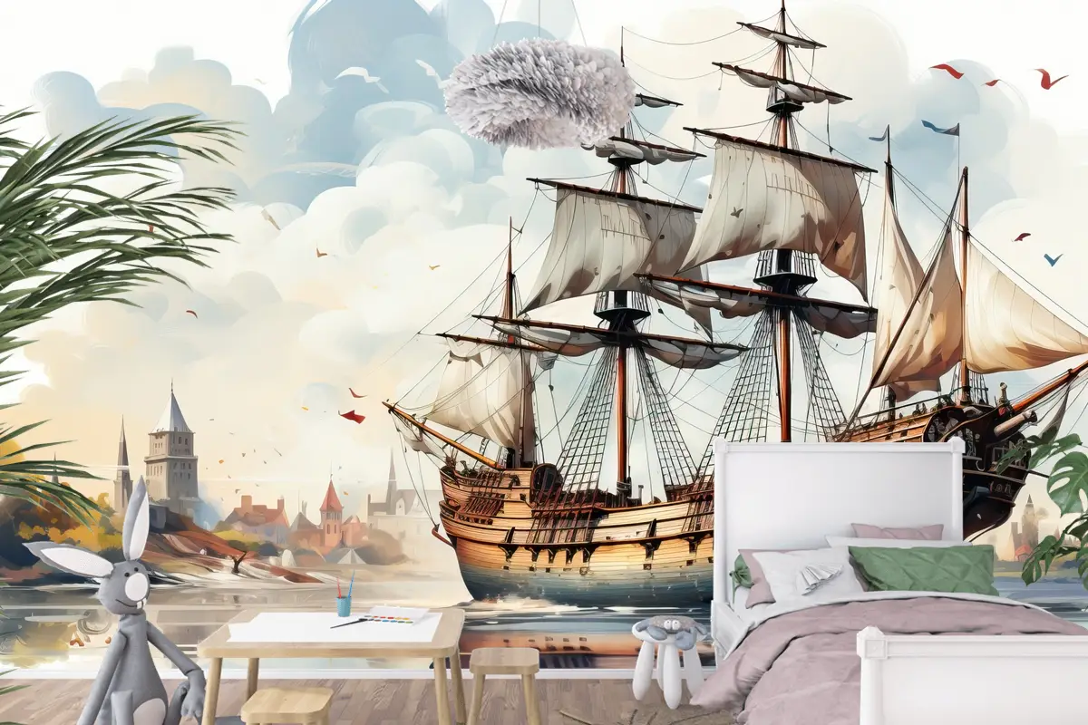 Geometrik Düz Tasarım Şehir Manzaralı Başkent Gün Batımı Çocuk Odası Duvar Kağıdı