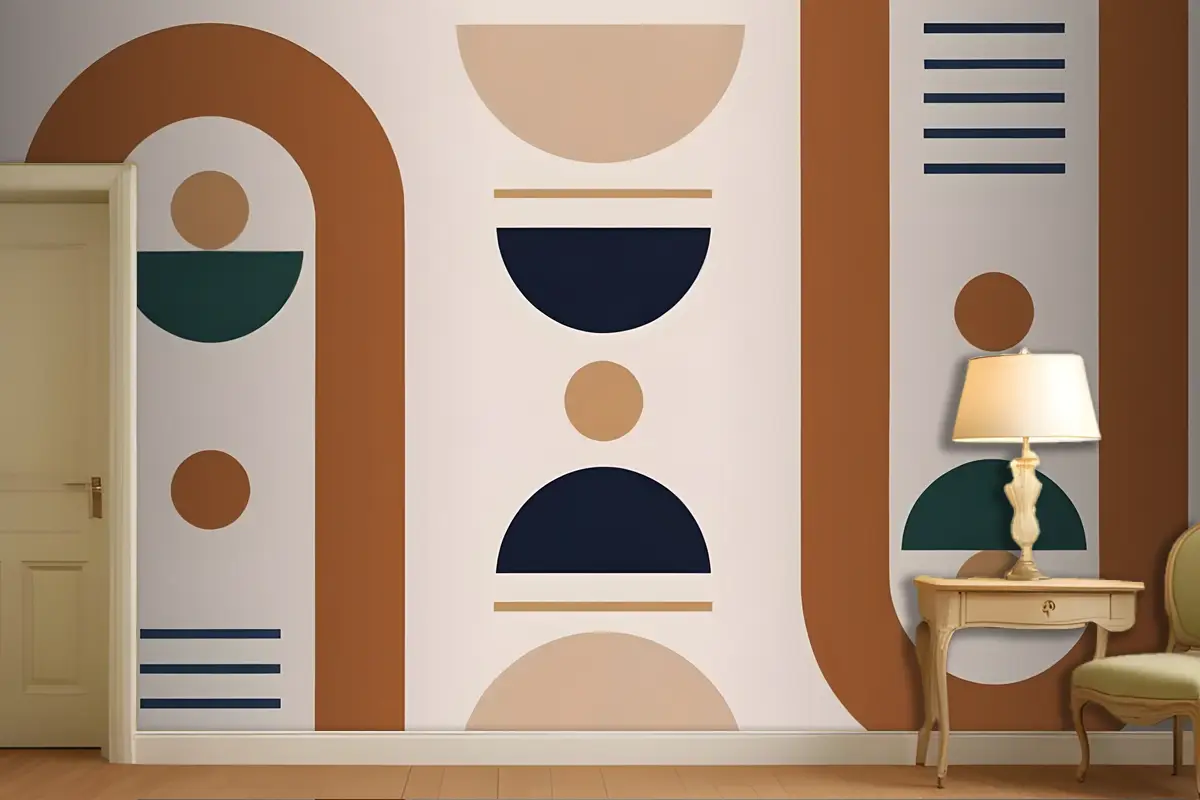 Kahverengi Bej Lacivert Ve Yeşilin Toprak Tonlarında Geometrik Şekiller Ve Formlar Antre  Hol  Koridor Duvar Kağıdı