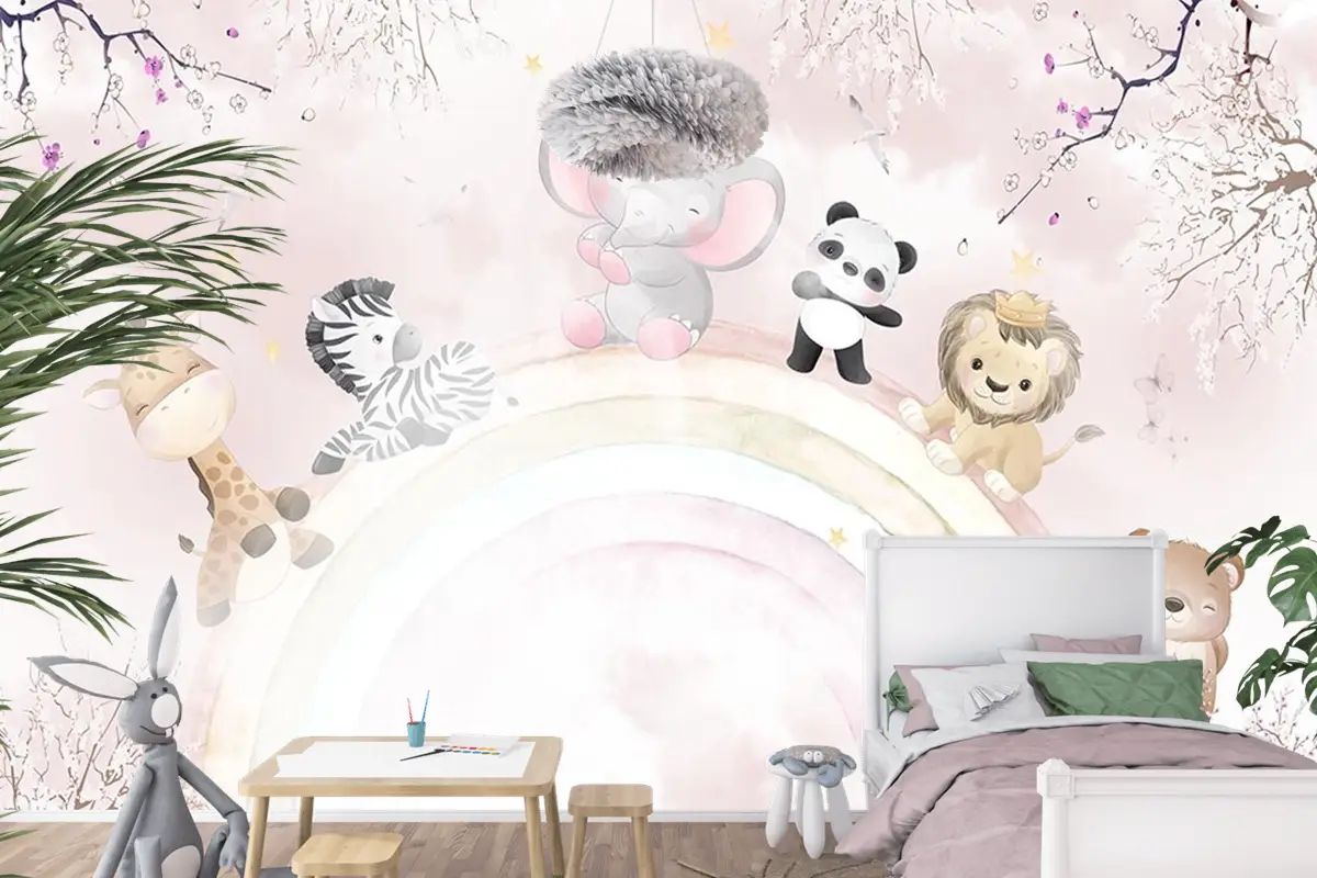 Gökkuşağı Üzerinde Sevimli Hayvanlar Çocuk Odası Duvar Kağıdı