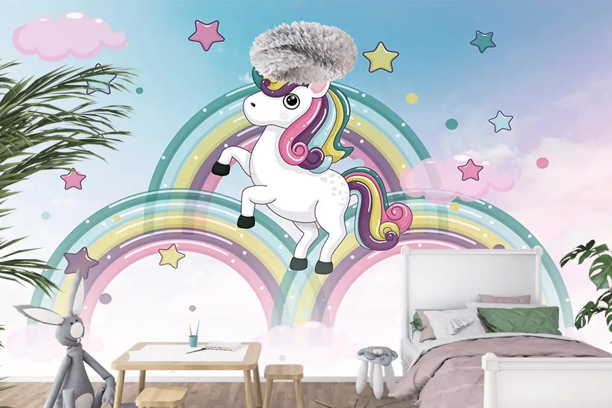 Gökkuşakları Üzerinde Unicorn Çocuk Odası Duvar Kağıdı